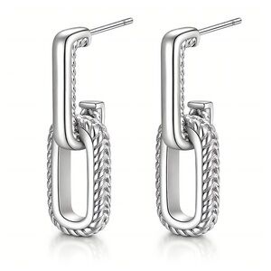 18k Gold Plated StainlessSteel waterproof Silver tone Linked Rope Drop Earrings